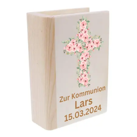 Personalisierte Spardose zur Kommunion | Geschenk zur Kommunion für Kinder | Kreuz in mit Blumen